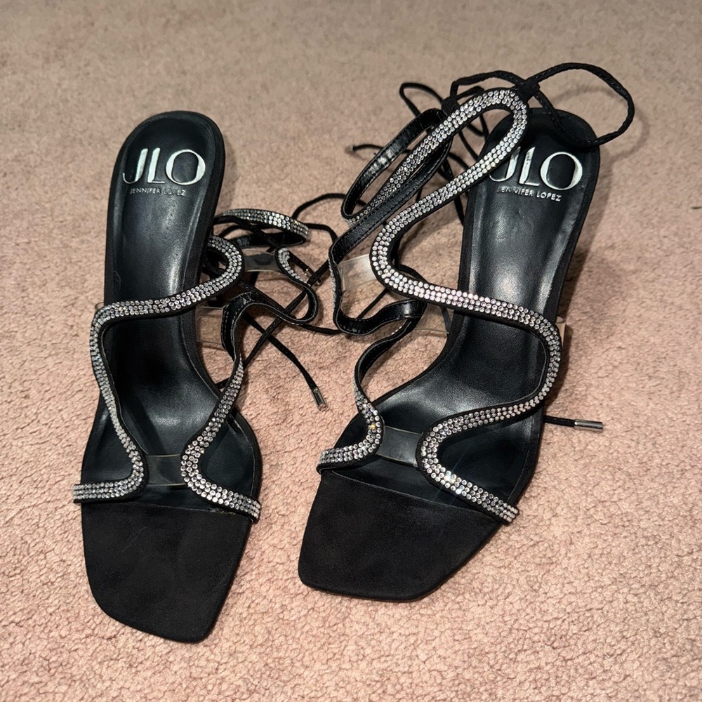 Jennifer Lopez Black Strappy Heels with Silver Accents
